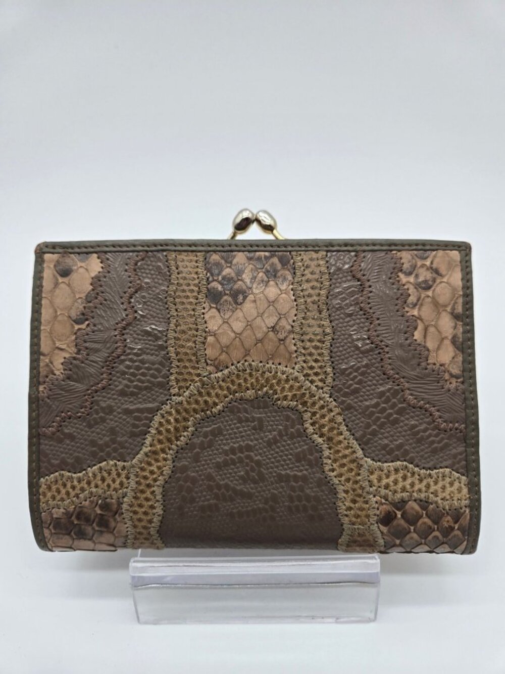 Vintage Carlos Falchi Genuine Snakeskin Patchwork Kisslock Wallet EUC